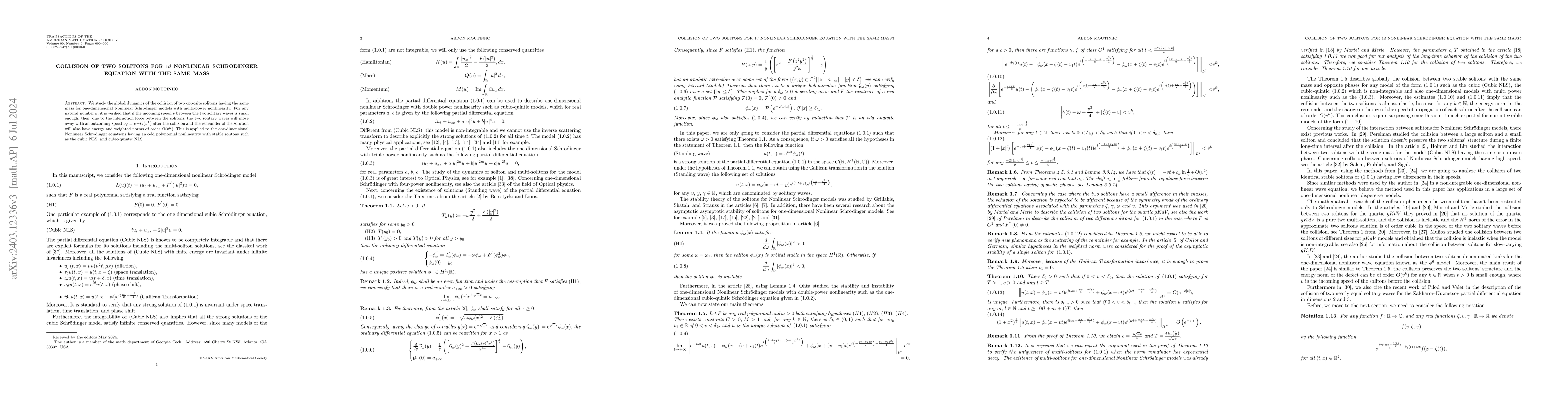 Thumbnail for Collision of two solitons for $1d$ Nonlinear Schrodinger Equation with
  the same mass
