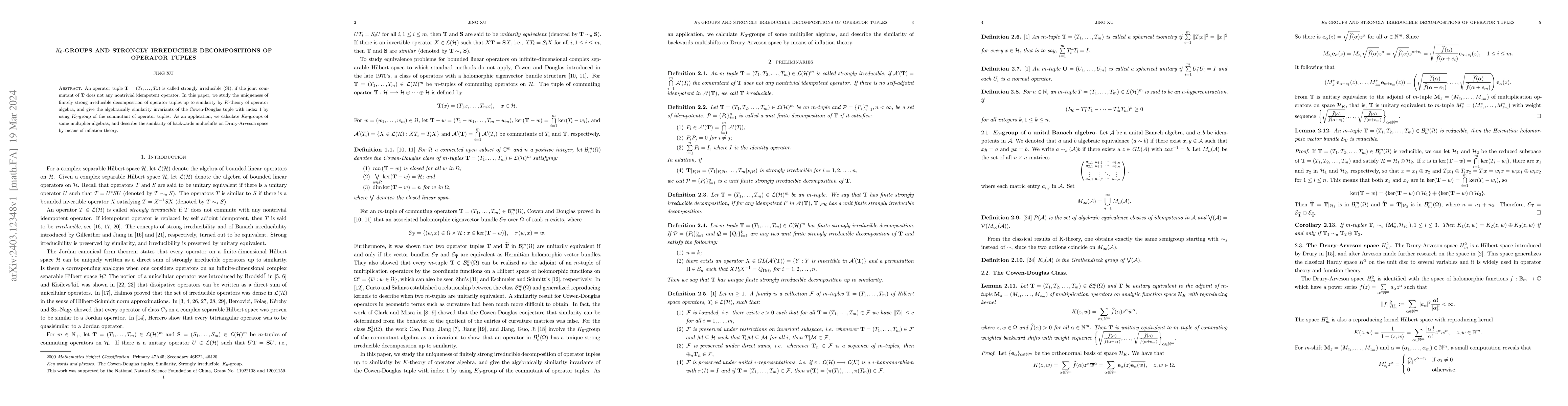 Thumbnail for $K_{0}$-groups and strongly irreducible decompositions of operator
  tuples