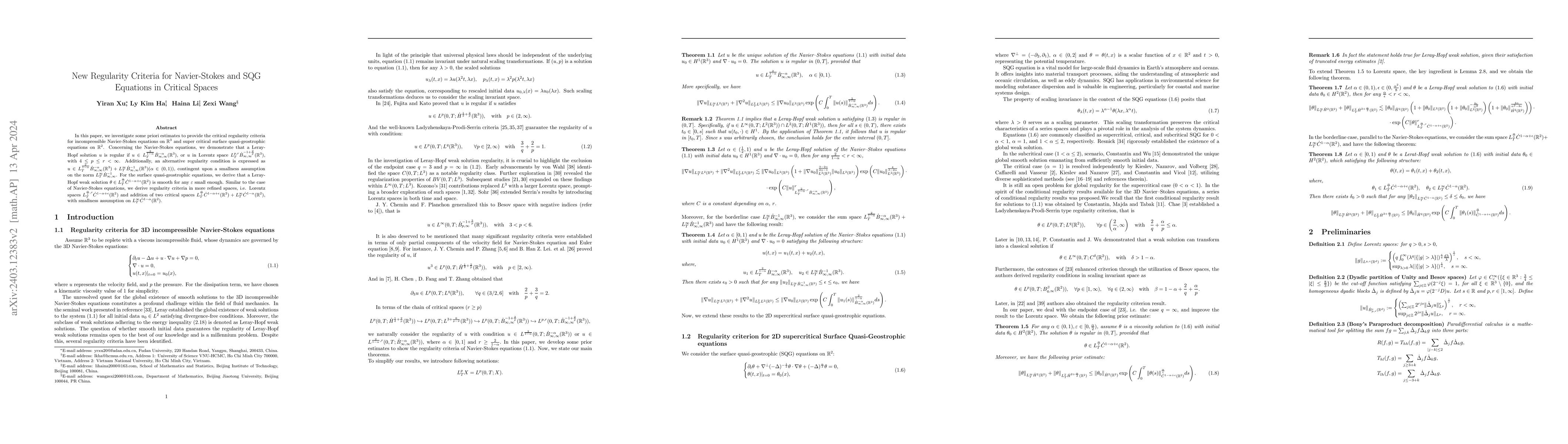 Thumbnail for New Regularity Criteria for Navier-Stokes and SQG Equations in Critical
  Spaces