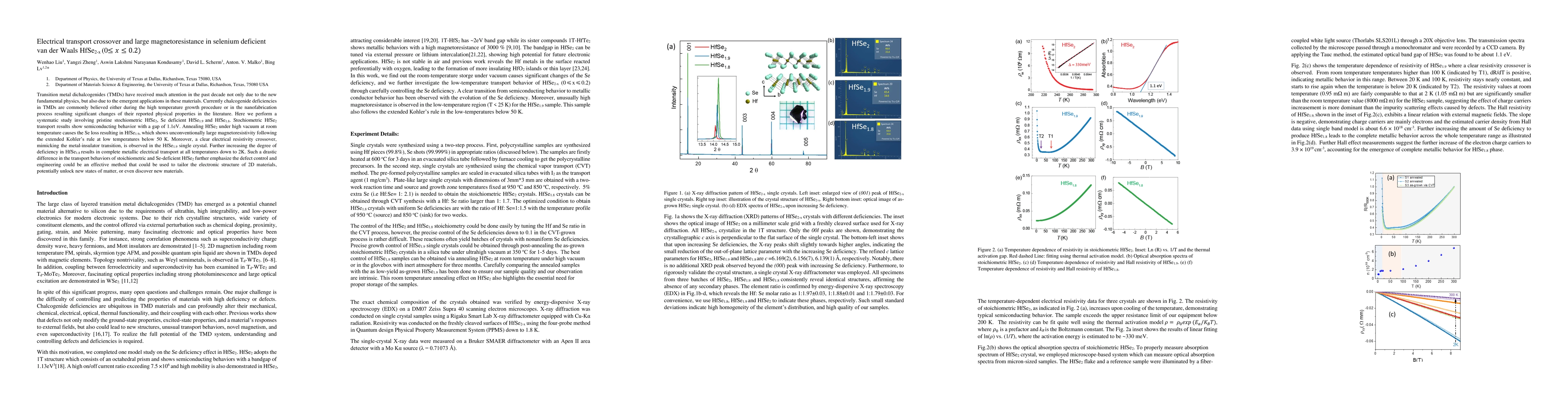Thumbnail for Electrical transport crossover and large magnetoresistance in selenium
  deficient van der Waals HfSe2-x