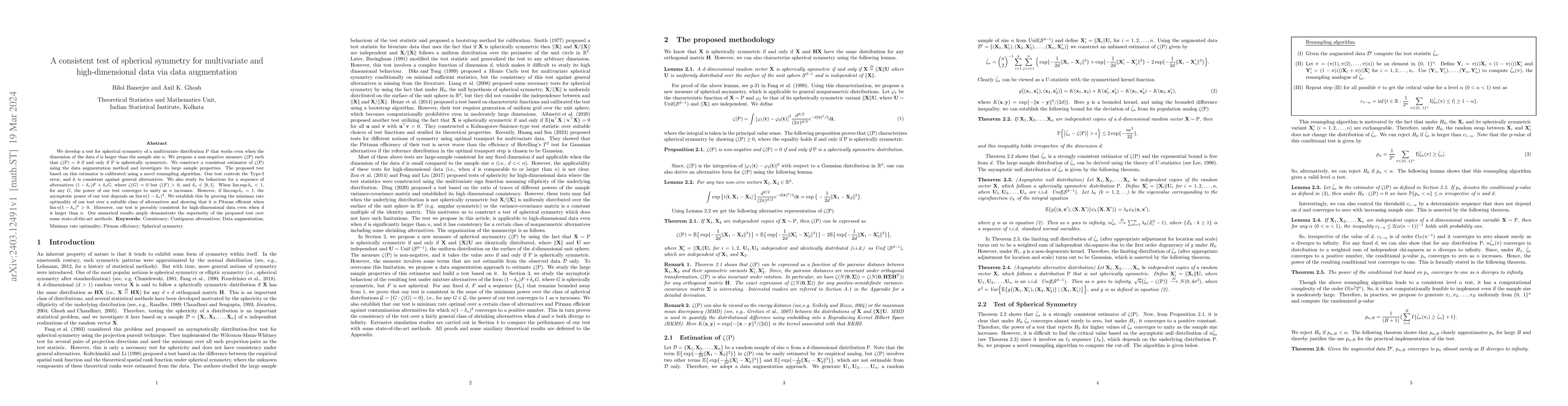 Thumbnail for A consistent test of spherical symmetry for multivariate and
  high-dimensional data via data augmentation