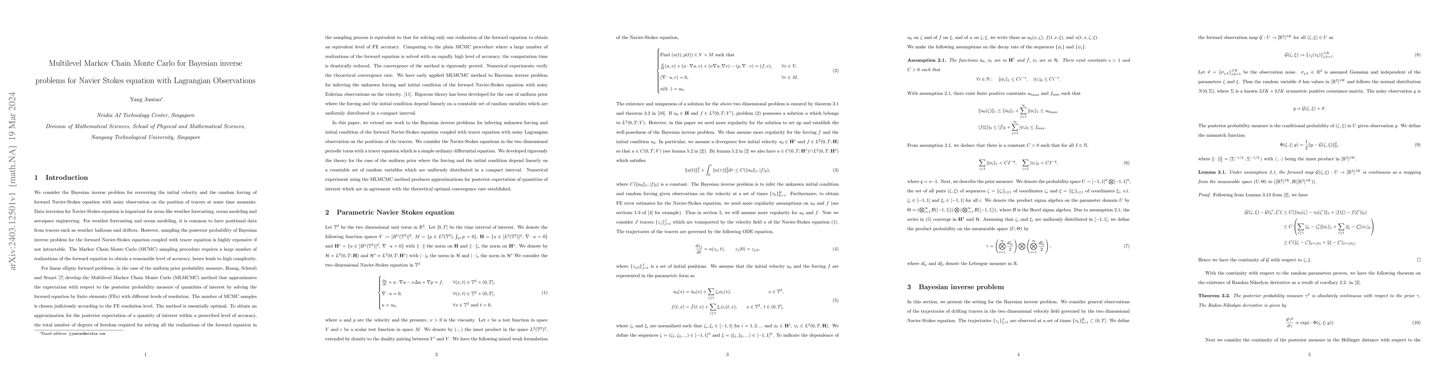 Thumbnail for Multilevel Markov Chain Monte Carlo for Bayesian inverse problems for
  Navier Stokes equation with Lagrangian Observations