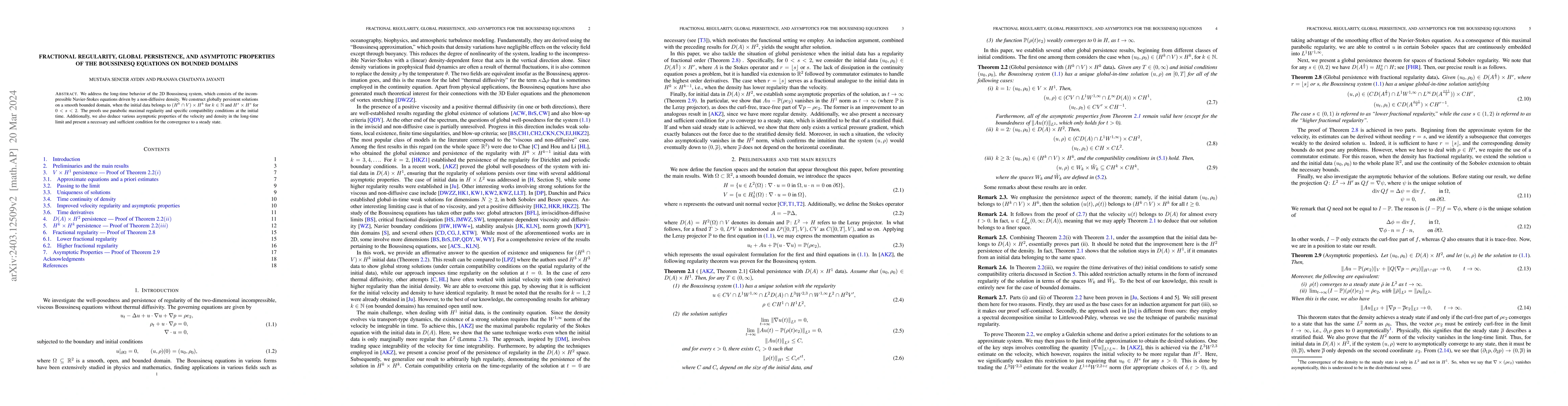Thumbnail for Fractional regularity, global persistence, and asymptotic properties of
  the Boussinesq equations on bounded domains