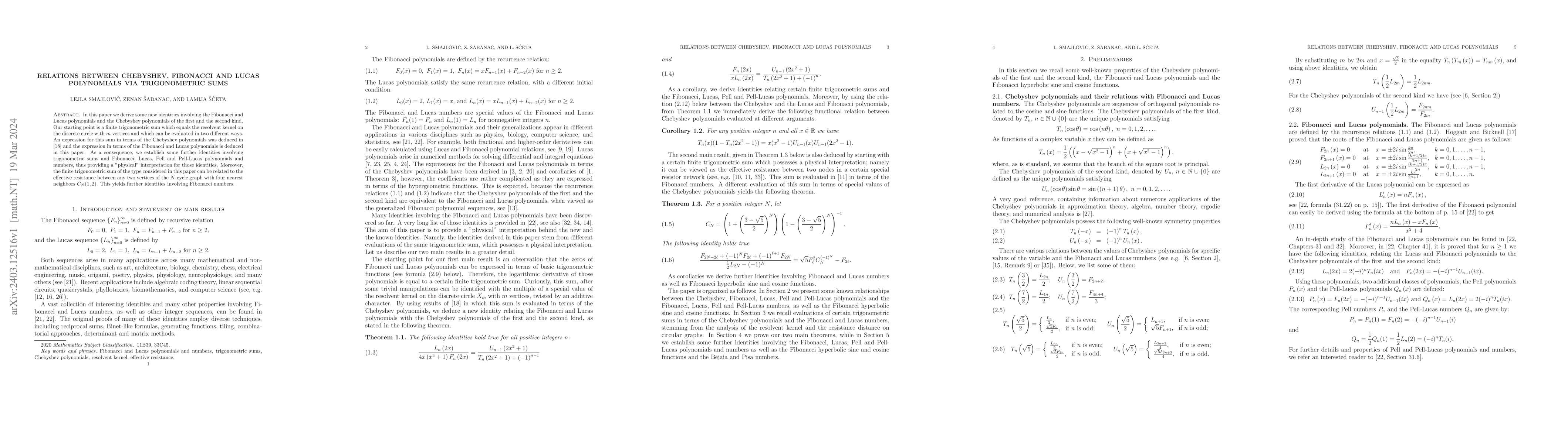 Thumbnail for Relations between Chebyshev, Fibonacci and Lucas polynomials via
  trigonometric sums
