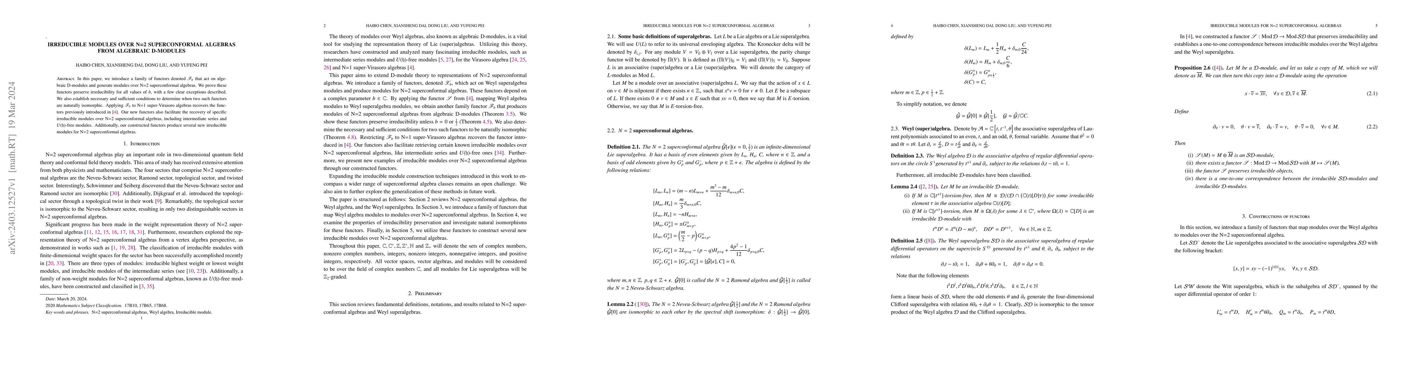 Thumbnail for Irreducible modules over N=2 superconformal algebras from algebraic
  D-modules