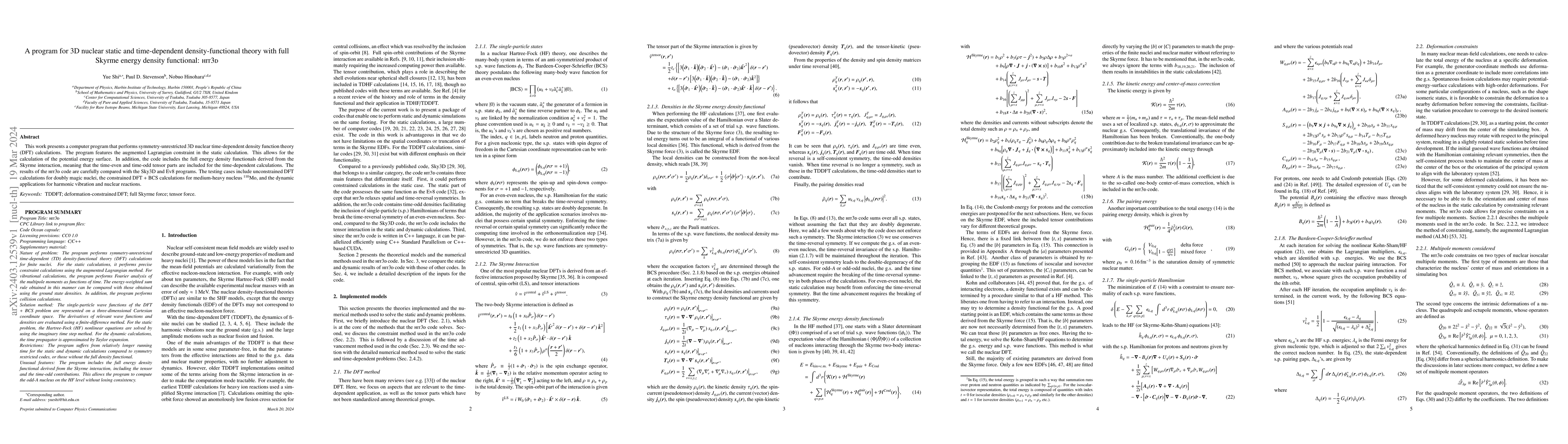 Thumbnail for A program for 3D nuclear static and time-dependent density-functional
  theory with full Skyrme energy density functional: HIT3D