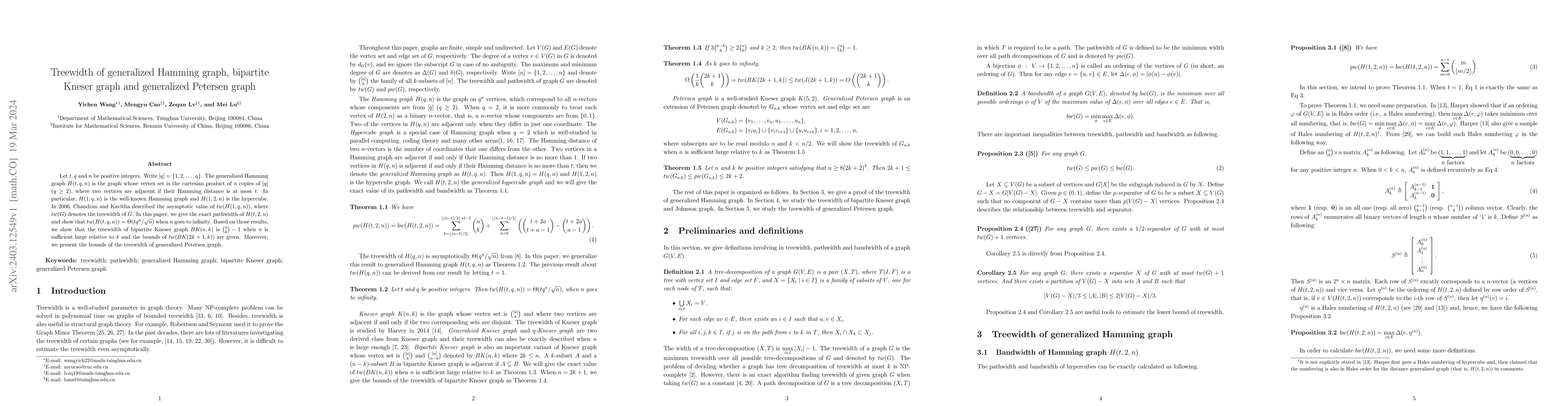 Thumbnail for Treewidth of generalized Hamming graph, bipartite Kneser graph and
  generalized Petersen graph