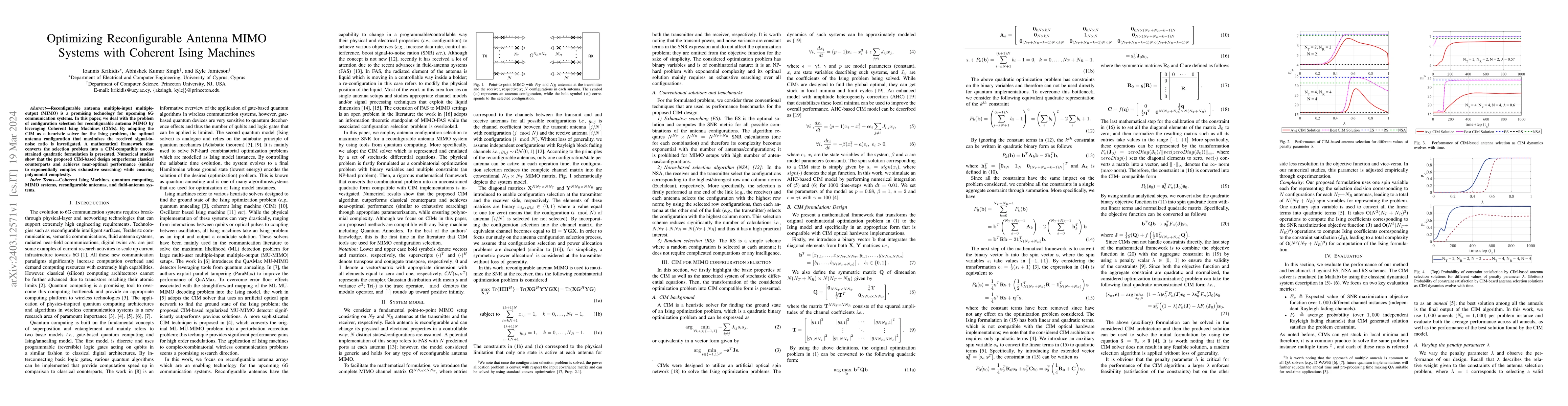 Thumbnail for Optimizing Reconfigurable Antenna MIMO Systems with Coherent Ising
  Machines