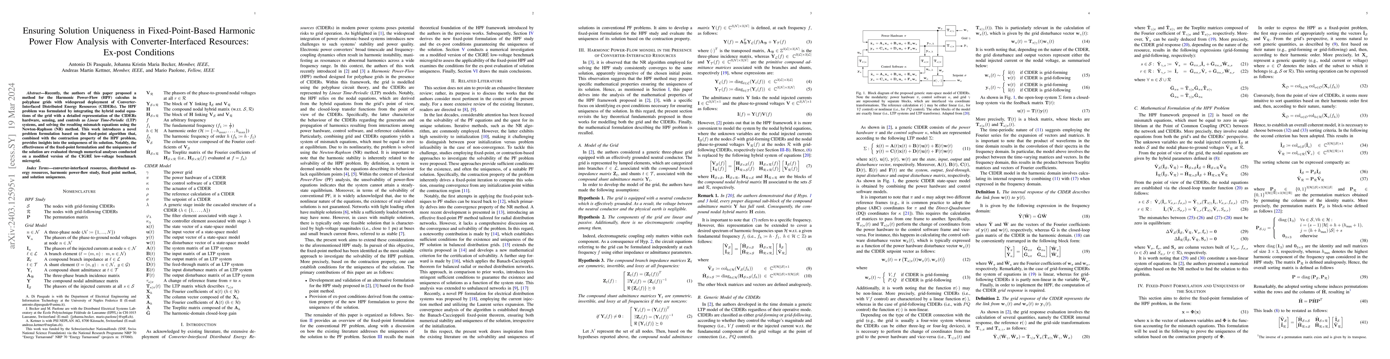 Thumbnail for Ensuring Solution Uniqueness in Fixed-Point-Based Harmonic Power Flow
  Analysis with Converter-Interfaced Resources: Ex-post Conditions