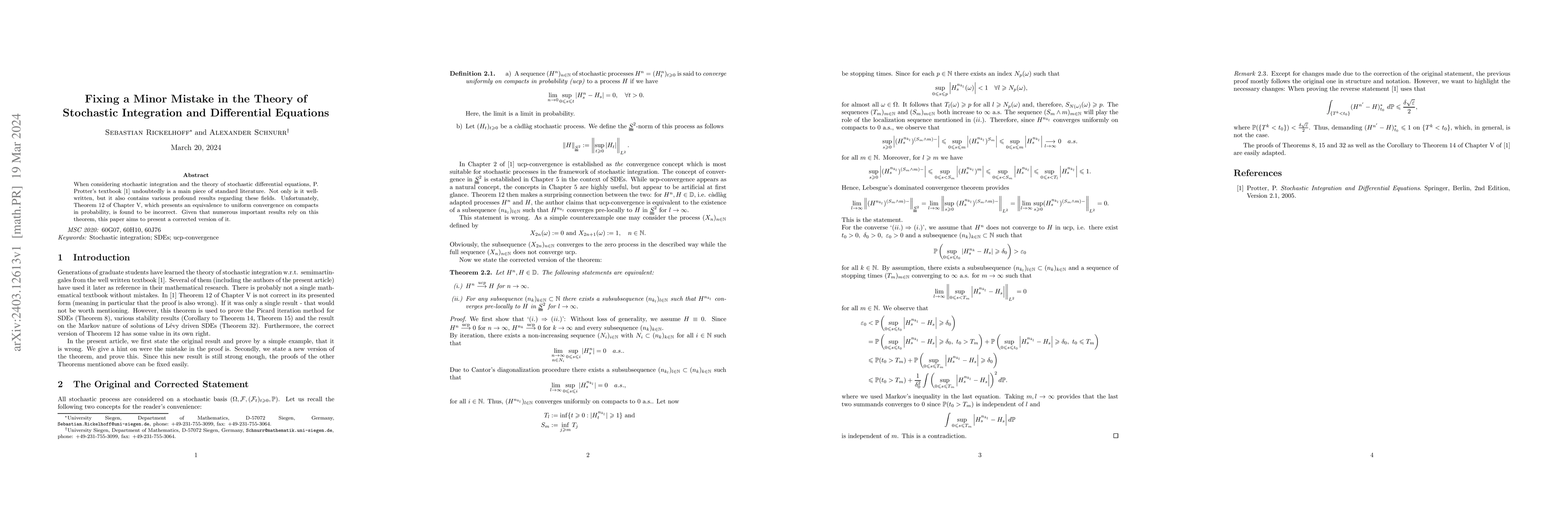 Thumbnail for Fixing a Minor Mistake in the Theory of Stochastic Integration and
  Differential Equations