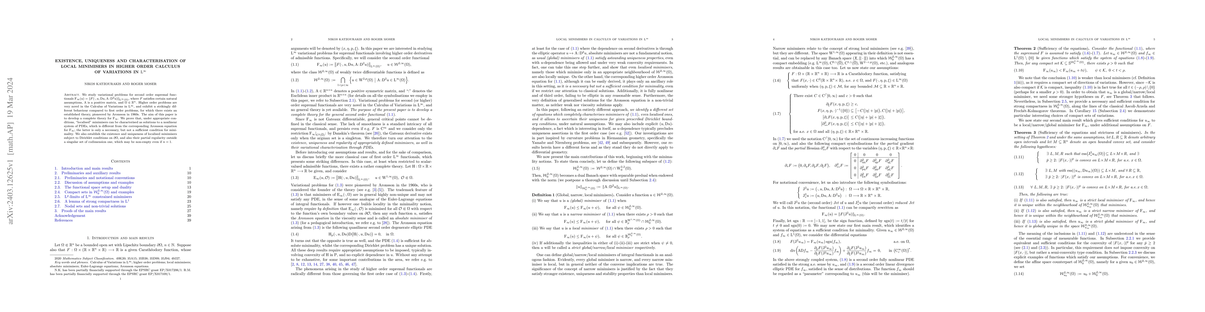 Thumbnail for Existence, uniqueness and characterisation of local minimisers in higher
  order Calculus of Variations in $\mathrm L^{\infty}$