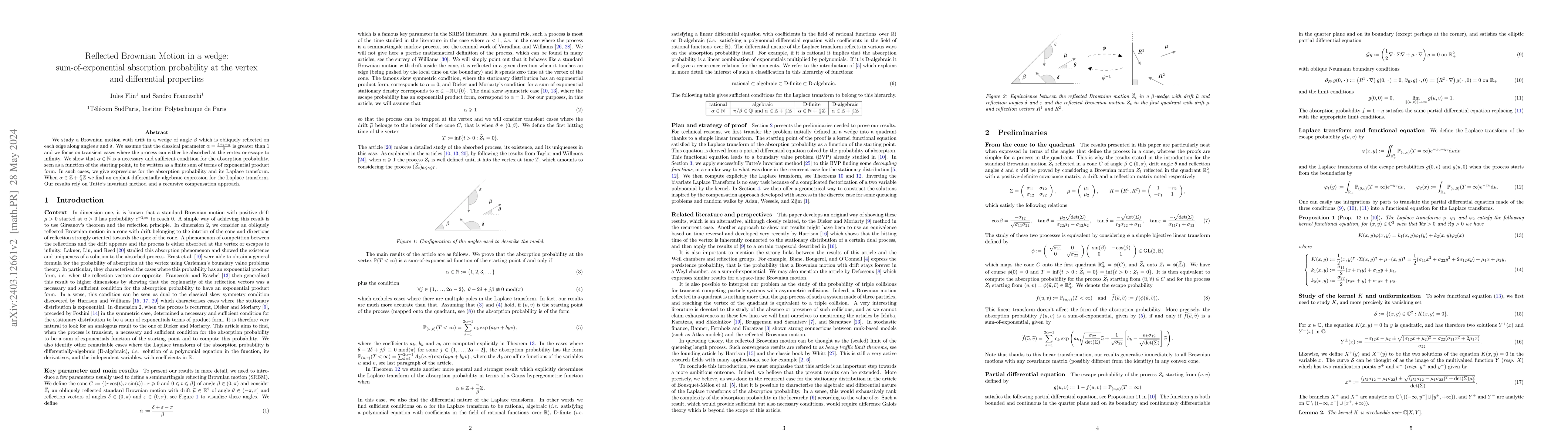 Thumbnail for Reflected Brownian Motion in a wedge: sum-of-exponential absorption
  probability at the vertex and differential properties