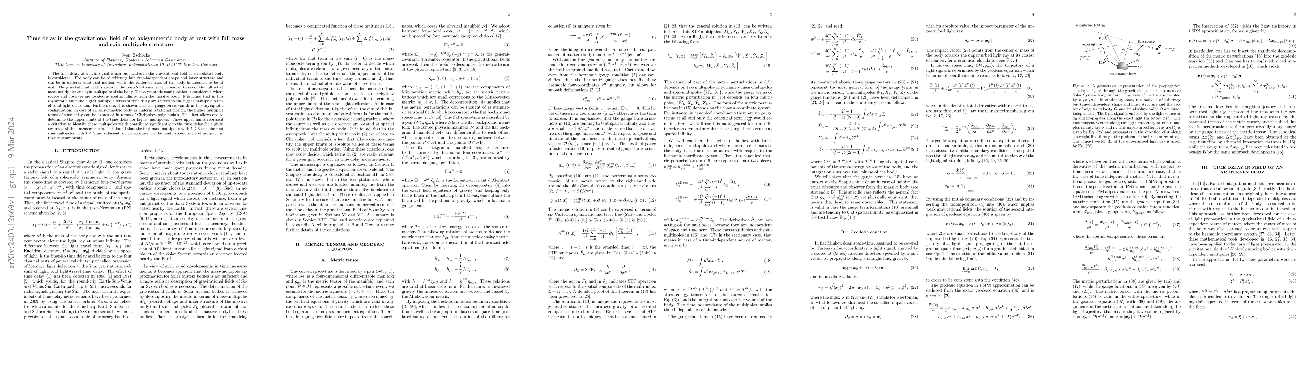 Thumbnail for Time delay in the gravitational field of an axisymmetric body at rest
  with full mass and spin multipole structure