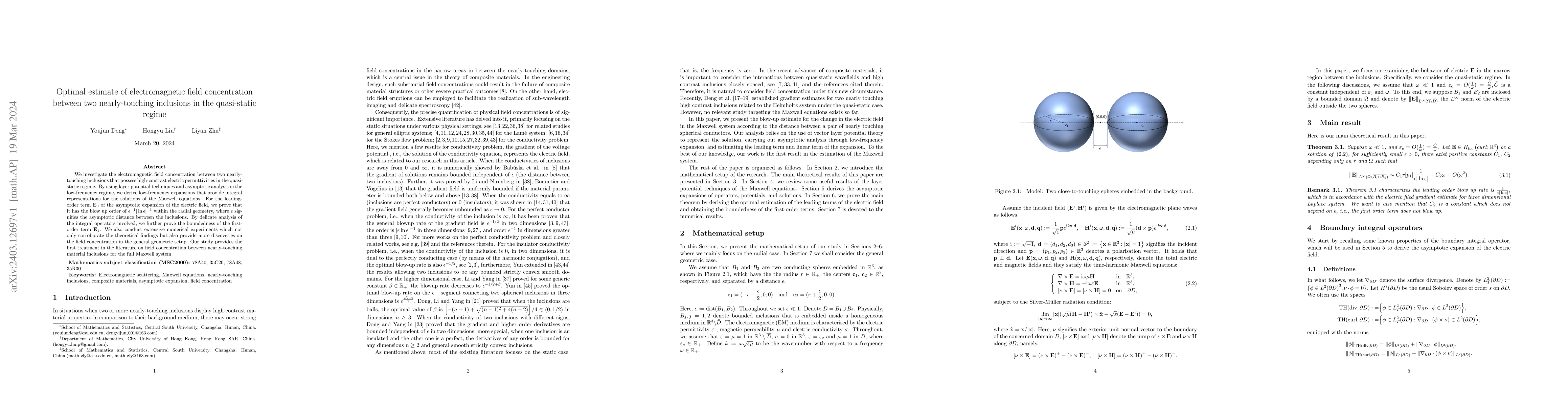 Thumbnail for Optimal estimate of electromagnetic field concentration between two
  nearly-touching inclusions in the quasi-static regime