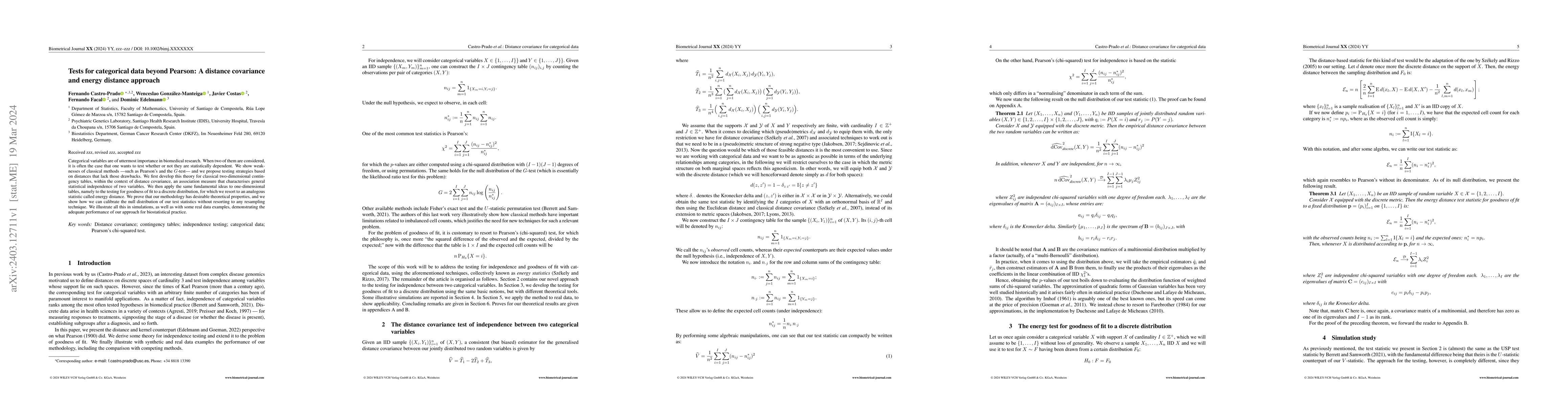 Thumbnail for Tests for categorical data beyond Pearson: A distance covariance and
  energy distance approach