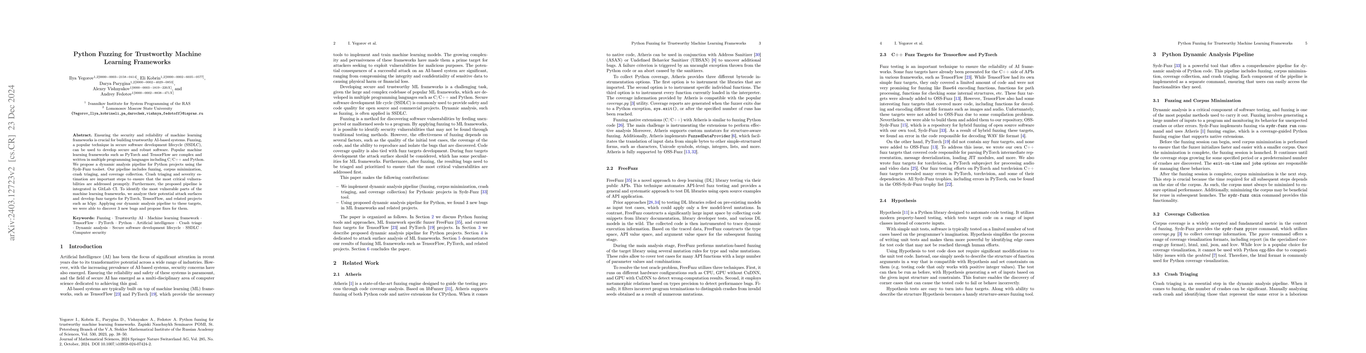 Thumbnail for Python Fuzzing for Trustworthy Machine Learning Frameworks