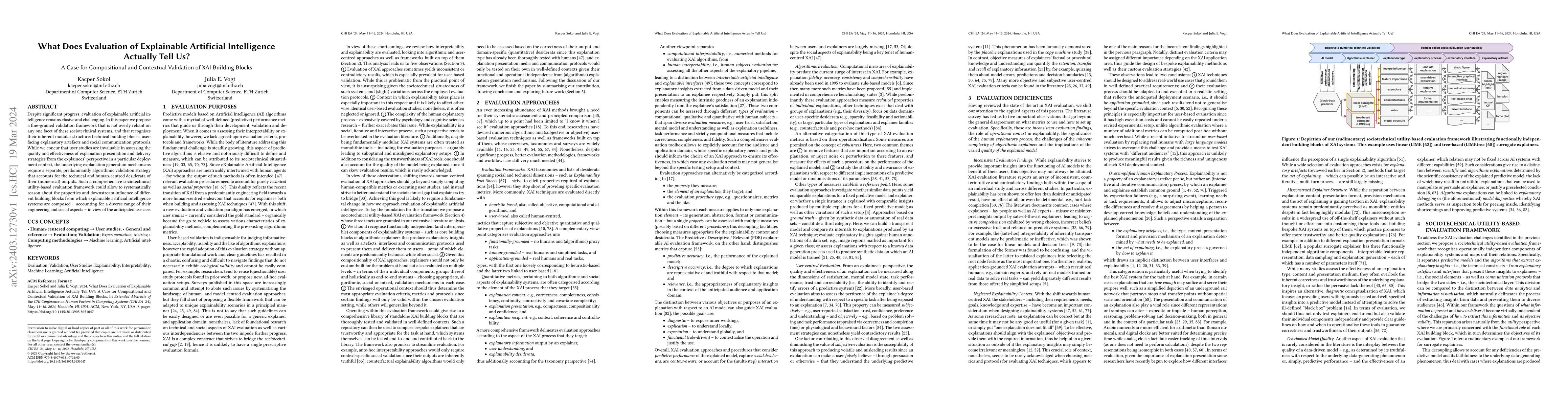 Thumbnail for What Does Evaluation of Explainable Artificial Intelligence Actually
  Tell Us? A Case for Compositional and Contextual Validation of XAI Building
  Blocks