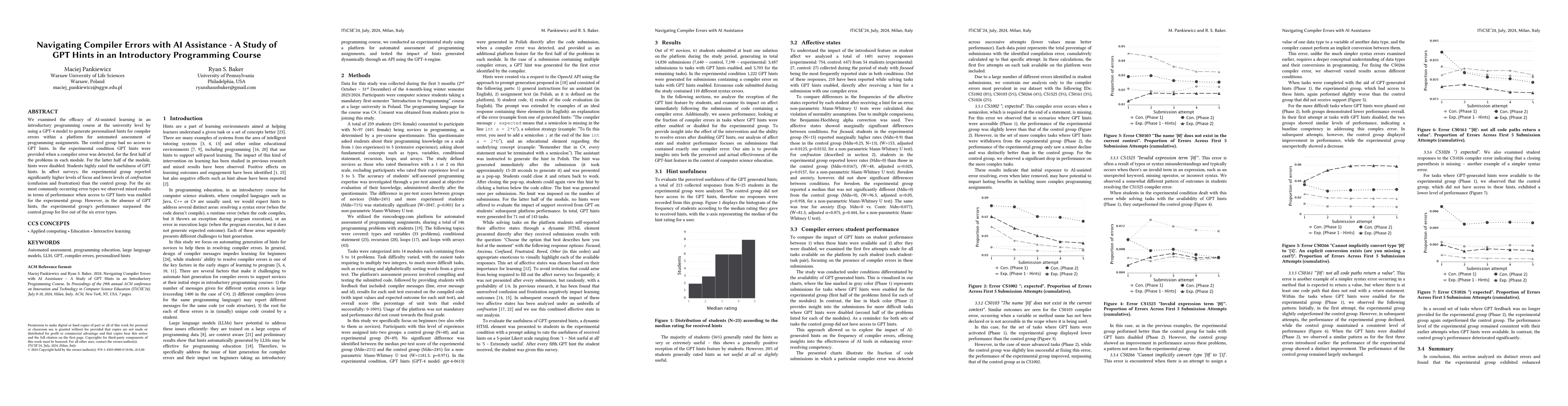 Thumbnail for Navigating Compiler Errors with AI Assistance -- A Study of GPT Hints in
  an Introductory Programming Course