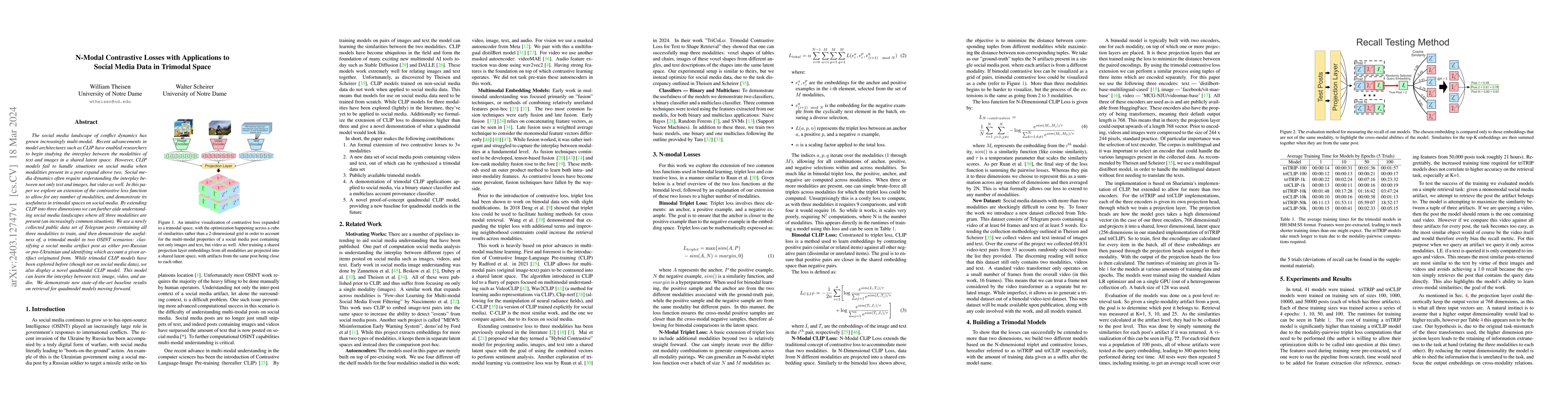 Thumbnail for N-Modal Contrastive Losses with Applications to Social Media Data in
  Trimodal Space