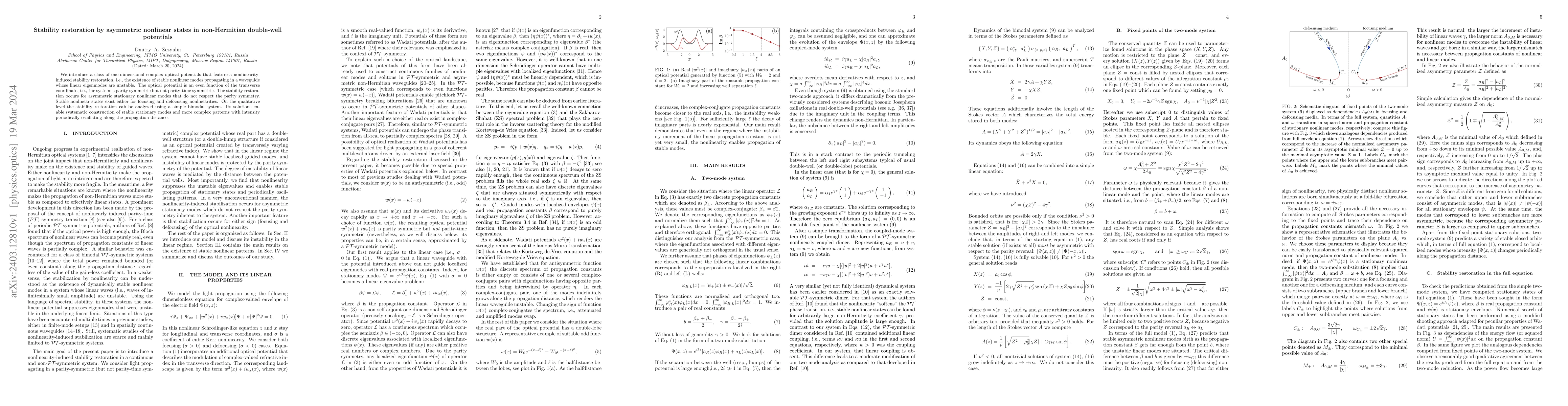 Thumbnail for Stability restoration by asymmetric nonlinear states in non-Hermitian
  double-well potentials