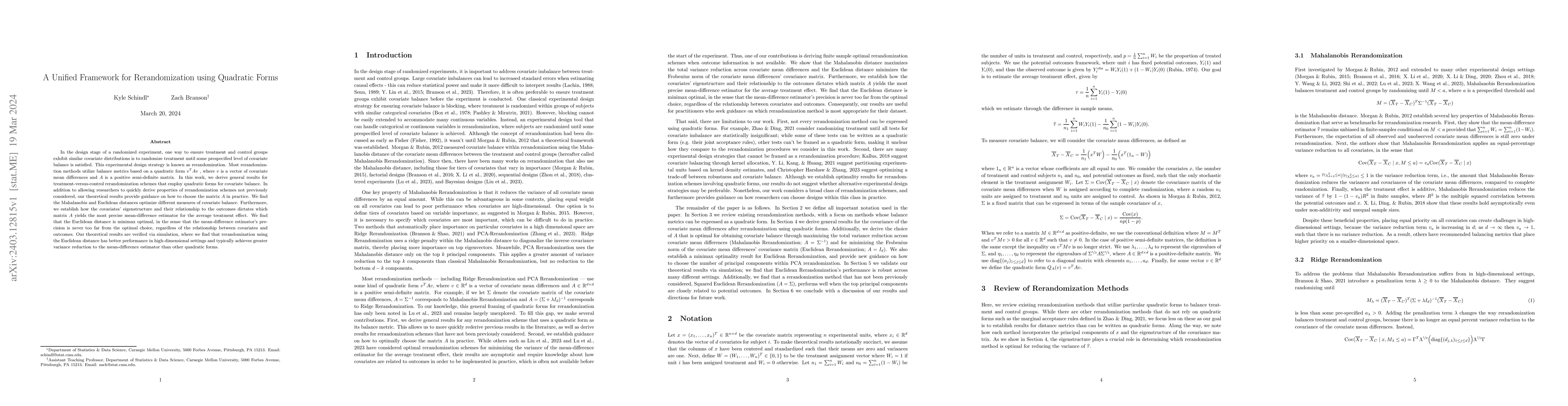 Thumbnail for A Unified Framework for Rerandomization using Quadratic Forms