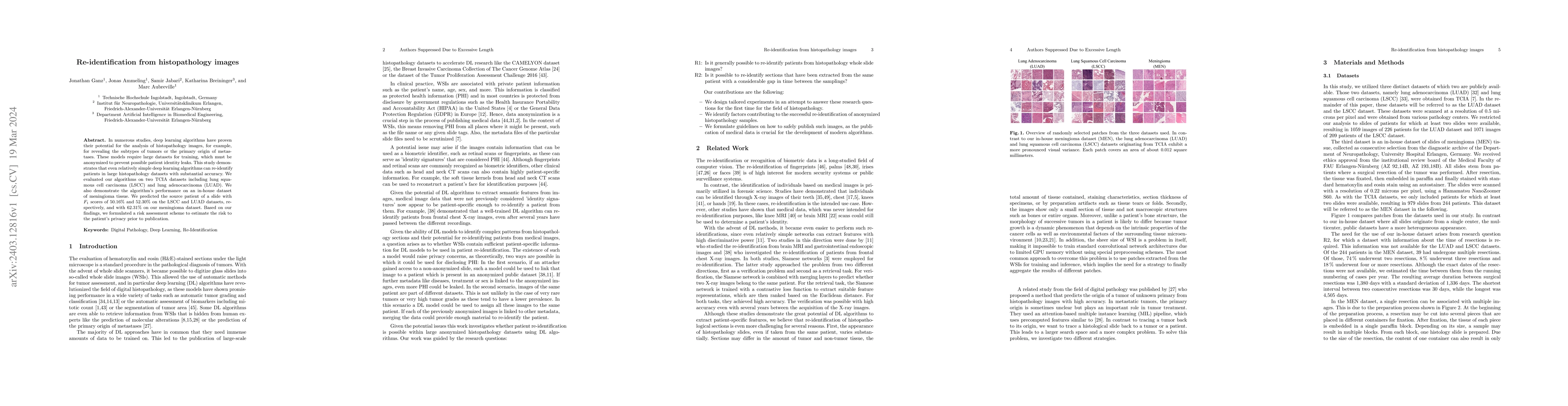 Thumbnail for Re-identification from histopathology images