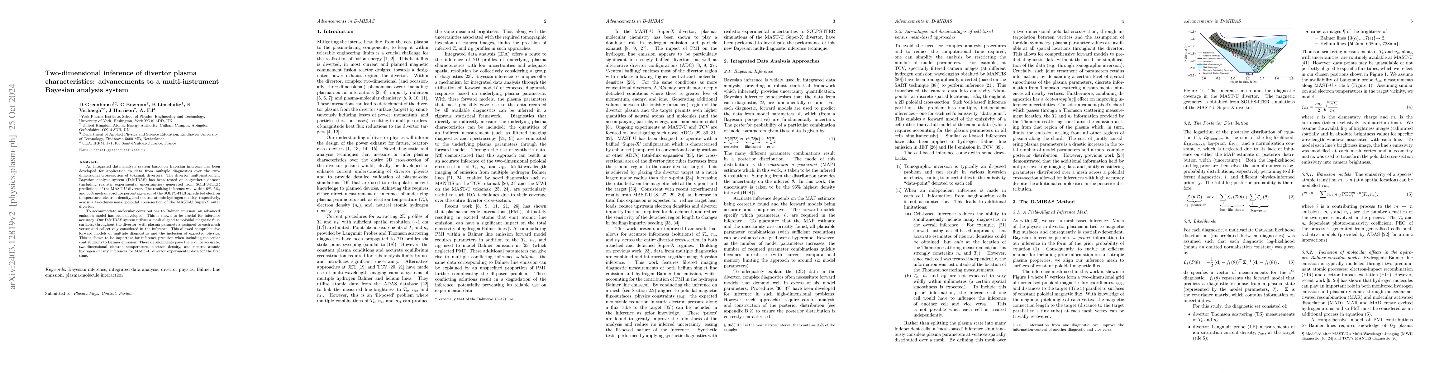 Thumbnail for Two-dimensional inference of divertor plasma characteristics:
  advancements to a multi-instrument Bayesian analysis system