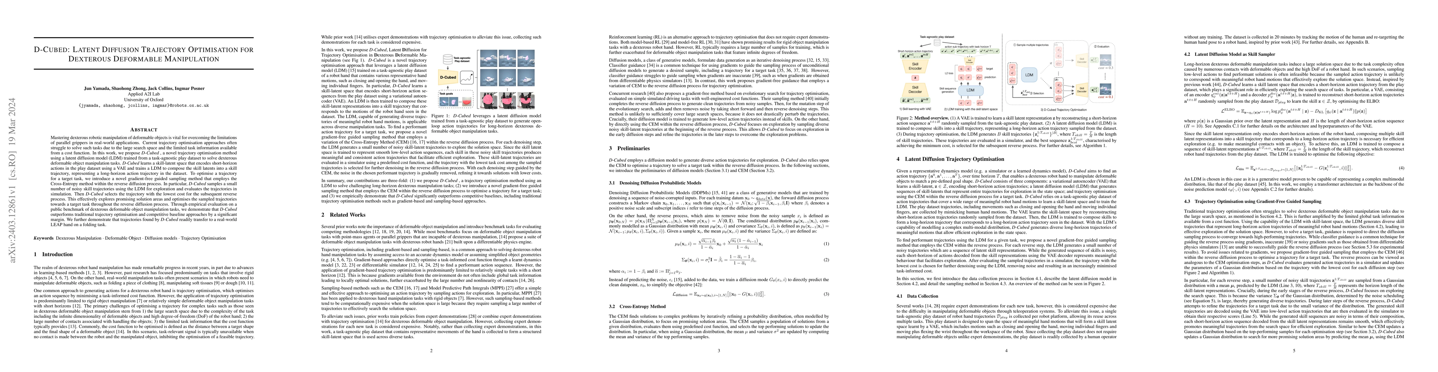 Thumbnail for D-Cubed: Latent Diffusion Trajectory Optimisation for Dexterous
  Deformable Manipulation