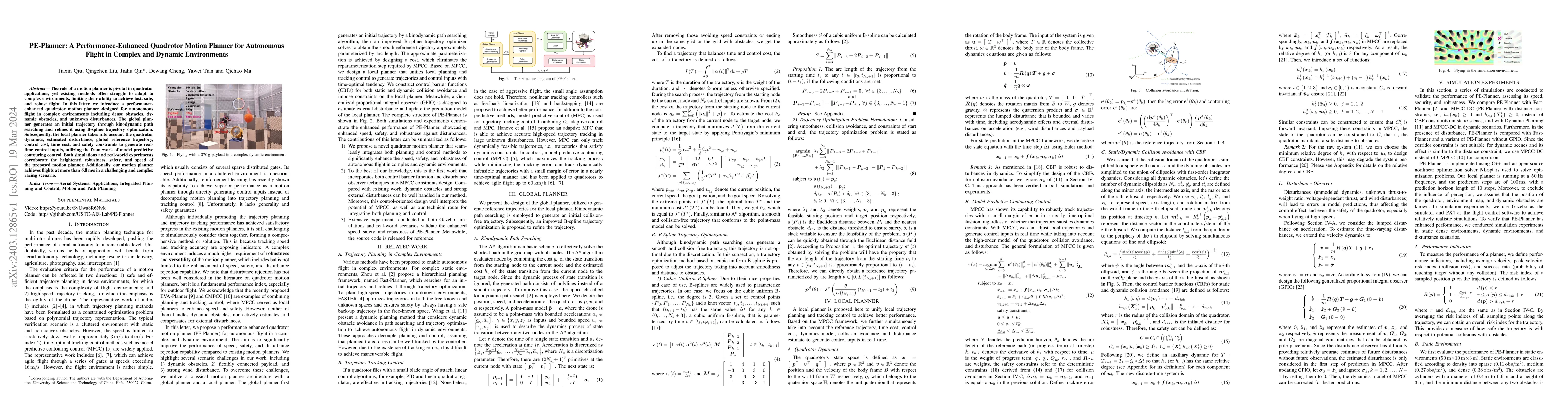Thumbnail for PE-Planner: A Performance-Enhanced Quadrotor Motion Planner for
  Autonomous Flight in Complex and Dynamic Environments