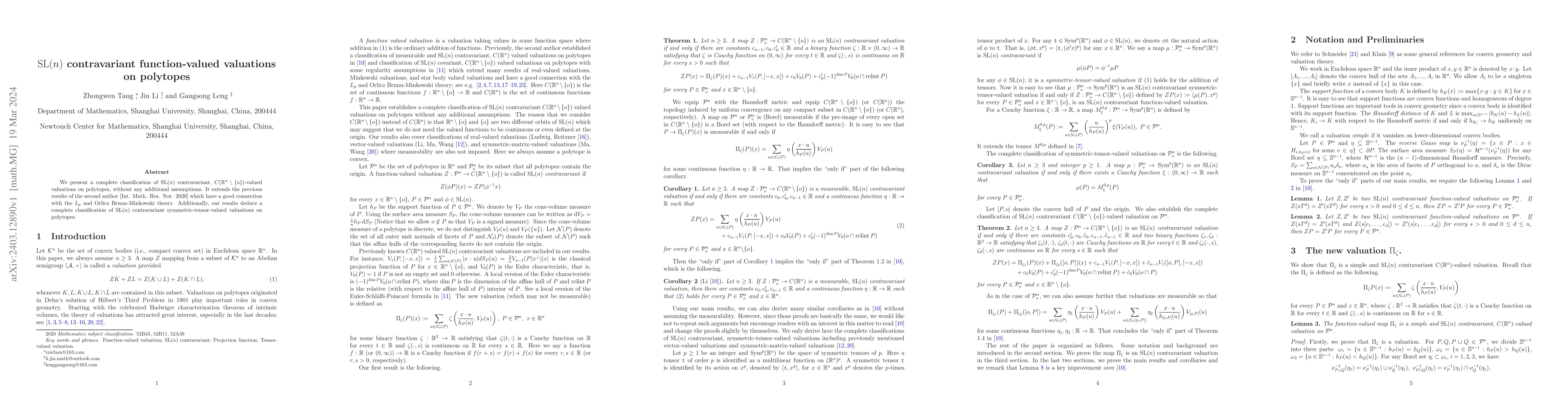 Thumbnail for $\operatorname{SL}(n)$ contravariant function-valued valuations on
  polytopes