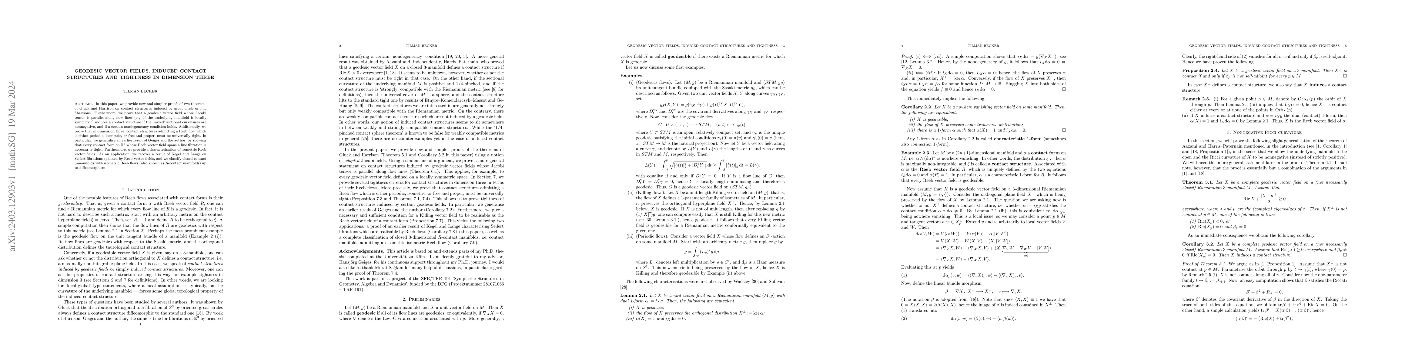 Thumbnail for Geodesic vector fields, induced contact structures and tightness in
  dimension three