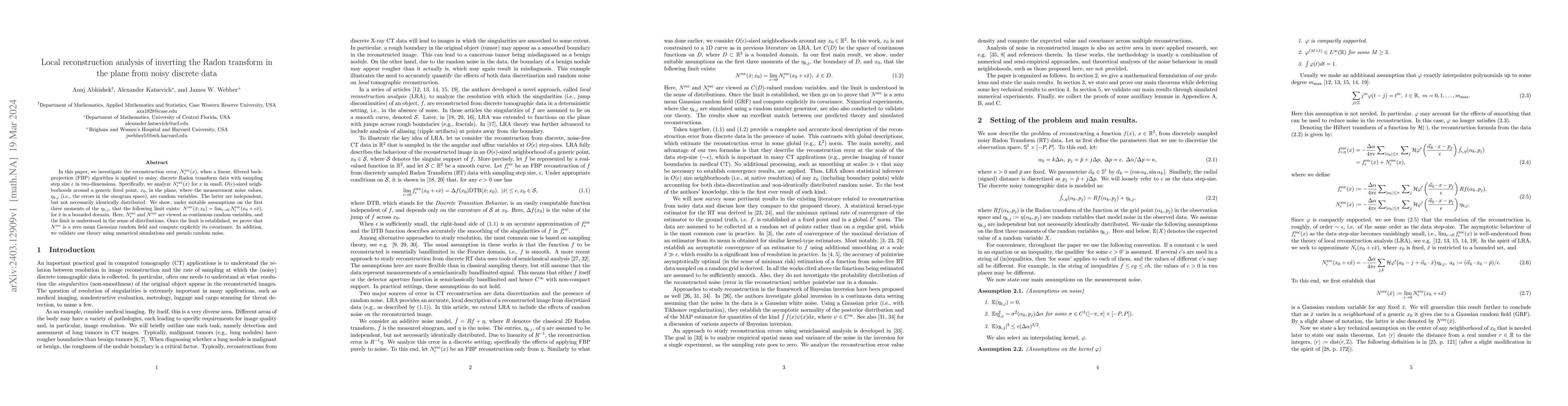 Thumbnail for Local reconstruction analysis of inverting the Radon transform in the
  plane from noisy discrete data