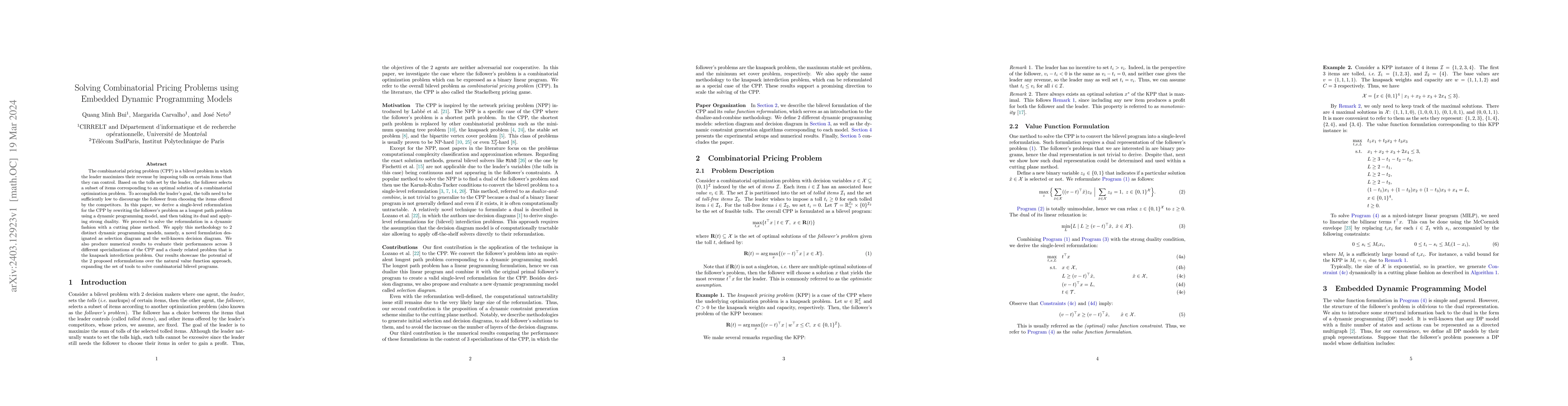 Thumbnail for Solving Combinatorial Pricing Problems using Embedded Dynamic
  Programming Models