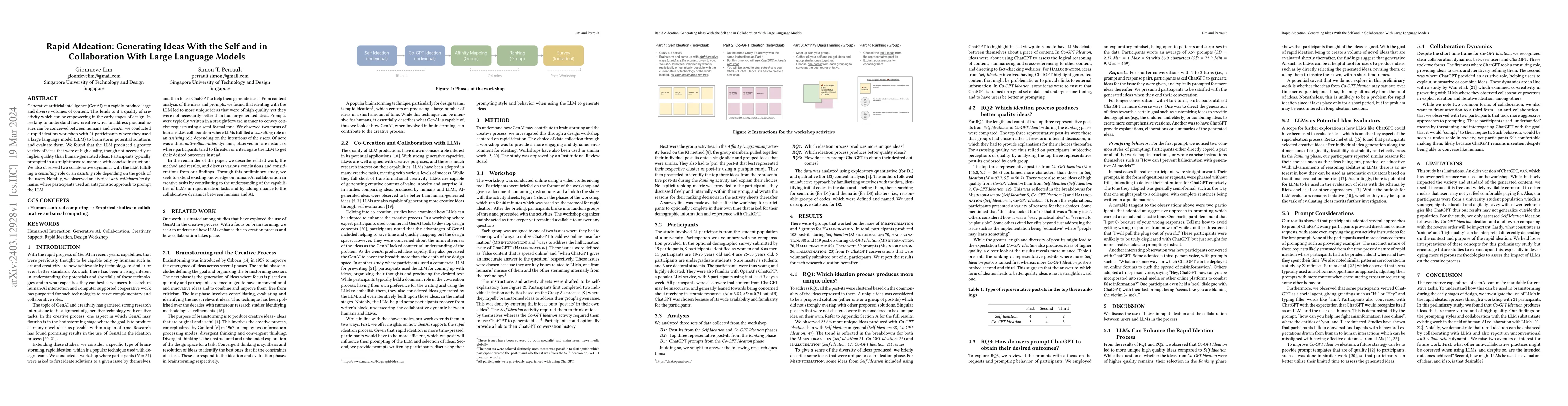 Thumbnail for Rapid AIdeation: Generating Ideas With the Self and in Collaboration
  With Large Language Models