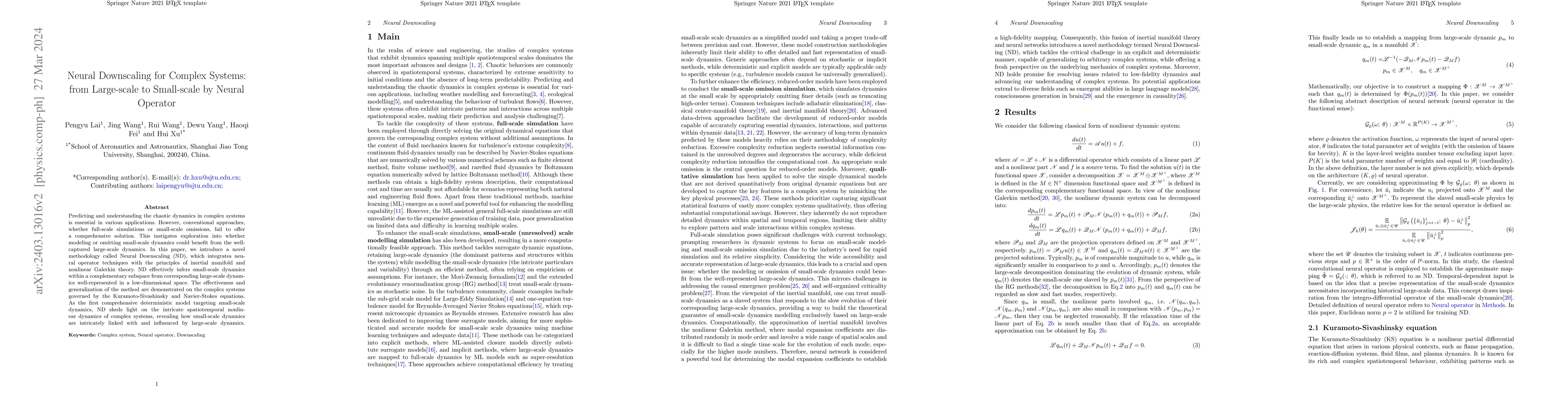 Thumbnail for Neural Downscaling for Complex Systems: from Large-scale to Small-scale
  by Neural Operator