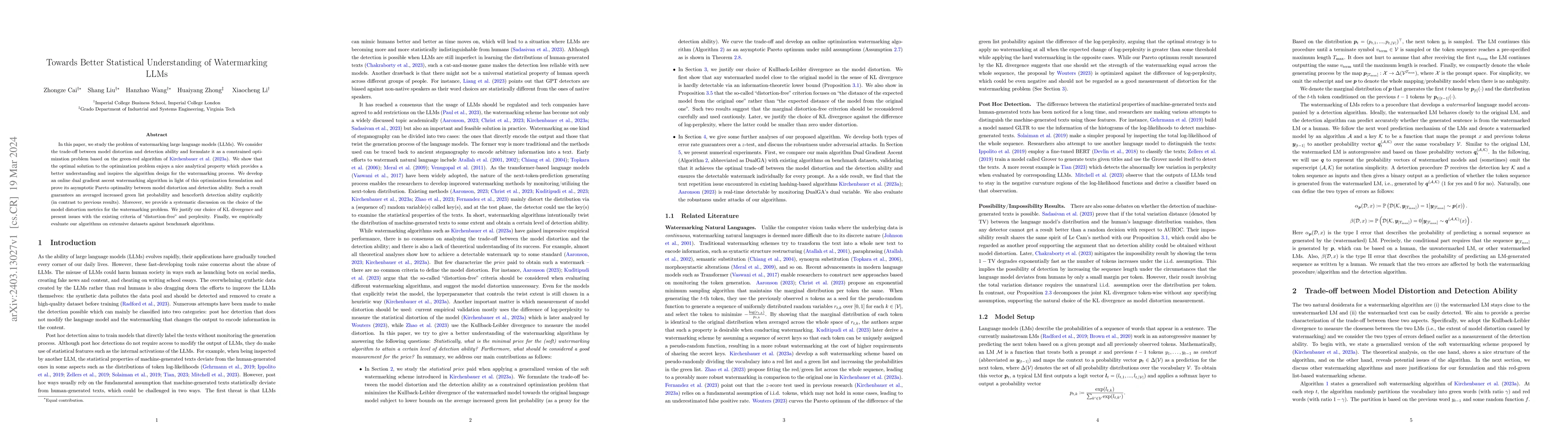 Thumbnail for Towards Better Statistical Understanding of Watermarking LLMs