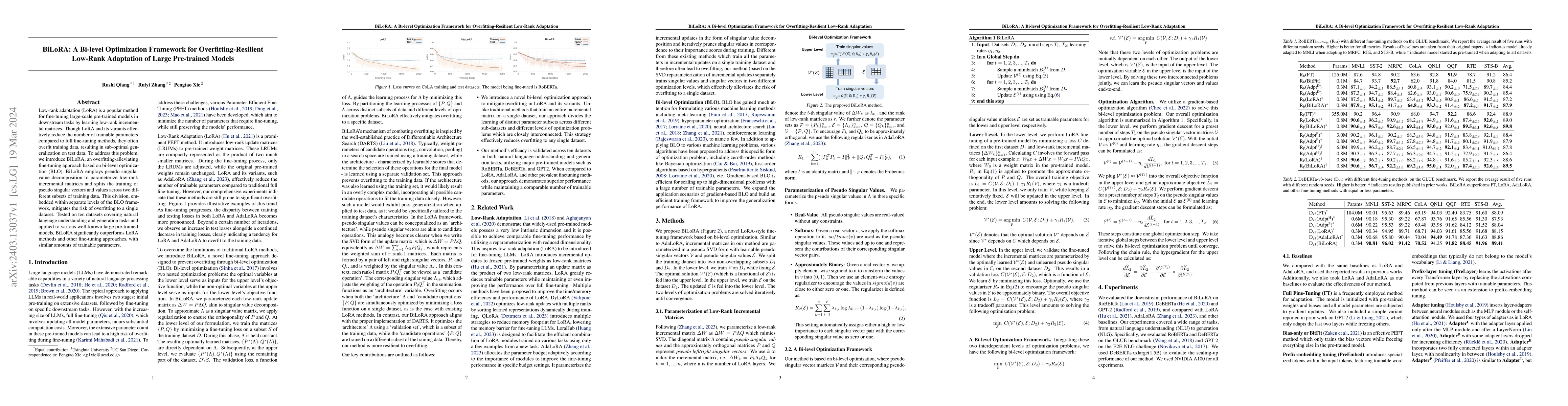 Thumbnail for BiLoRA: A Bi-level Optimization Framework for Overfitting-Resilient
  Low-Rank Adaptation of Large Pre-trained Models
