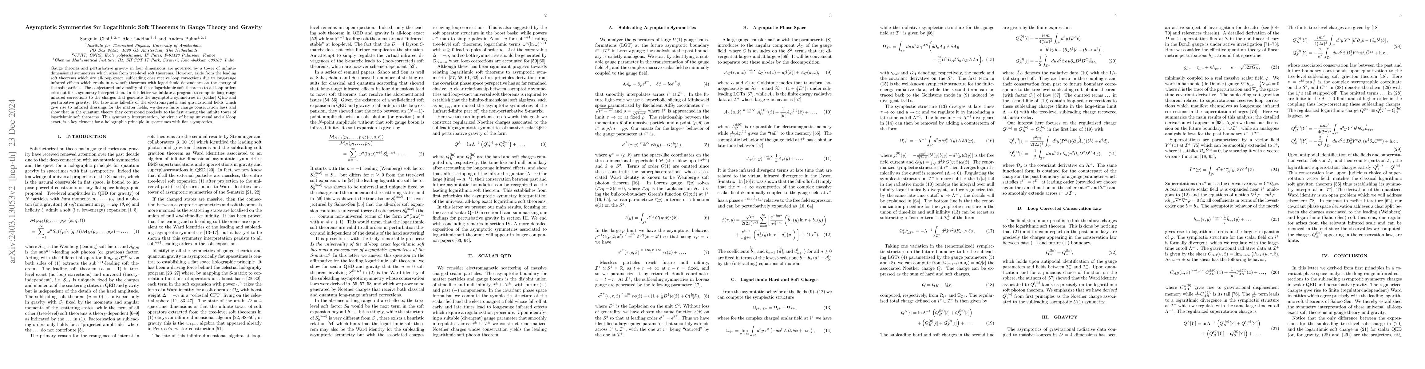 Thumbnail for Asymptotic Symmetries for Logarithmic Soft Theorems in Gauge Theory and
  Gravity