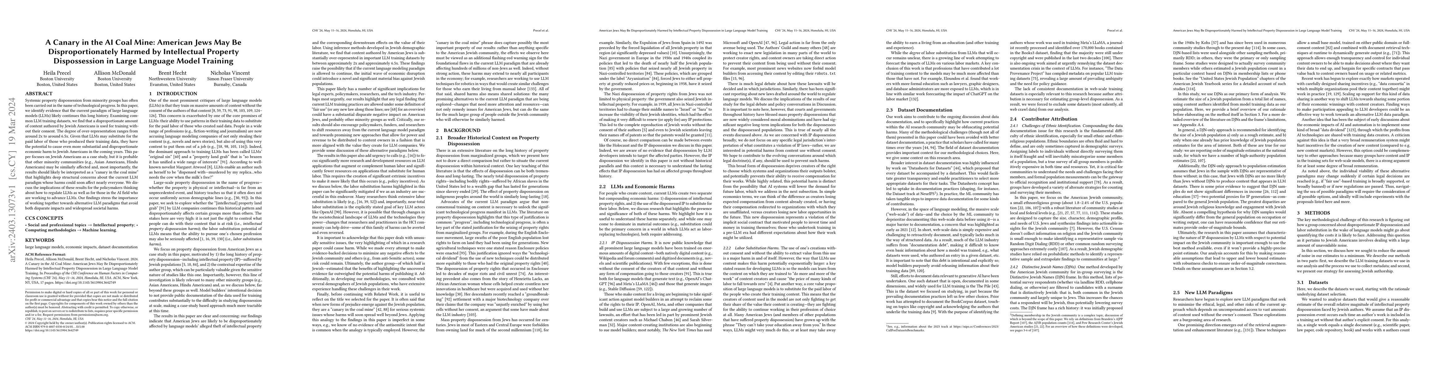Thumbnail for A Canary in the AI Coal Mine: American Jews May Be Disproportionately
  Harmed by Intellectual Property Dispossession in Large Language Model
  Training