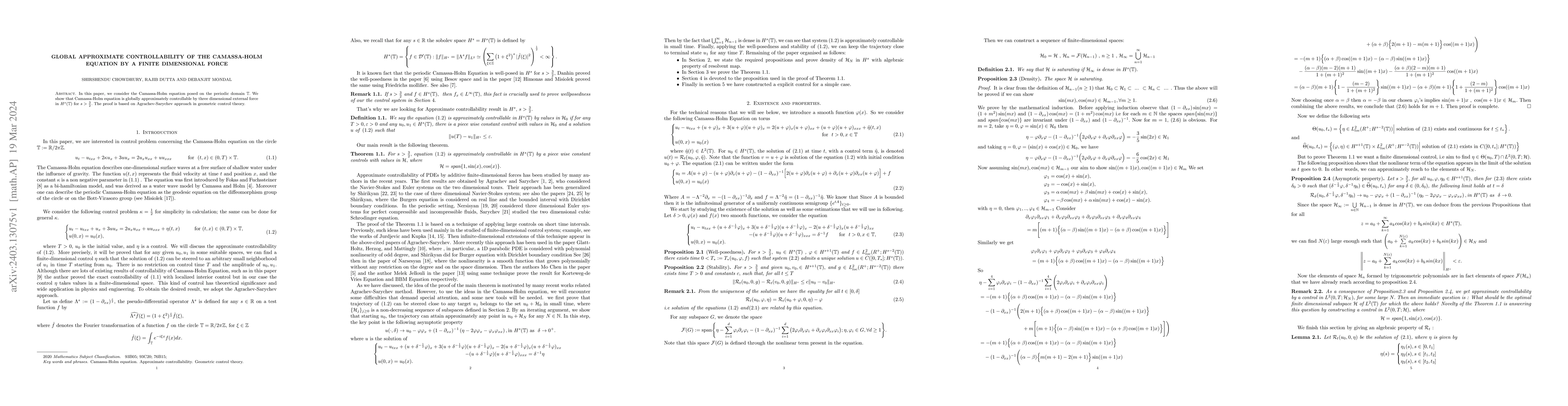 Thumbnail for Global Approximate Controllability of the Camassa-Holm Equation by a
  Finite Dimensional Force