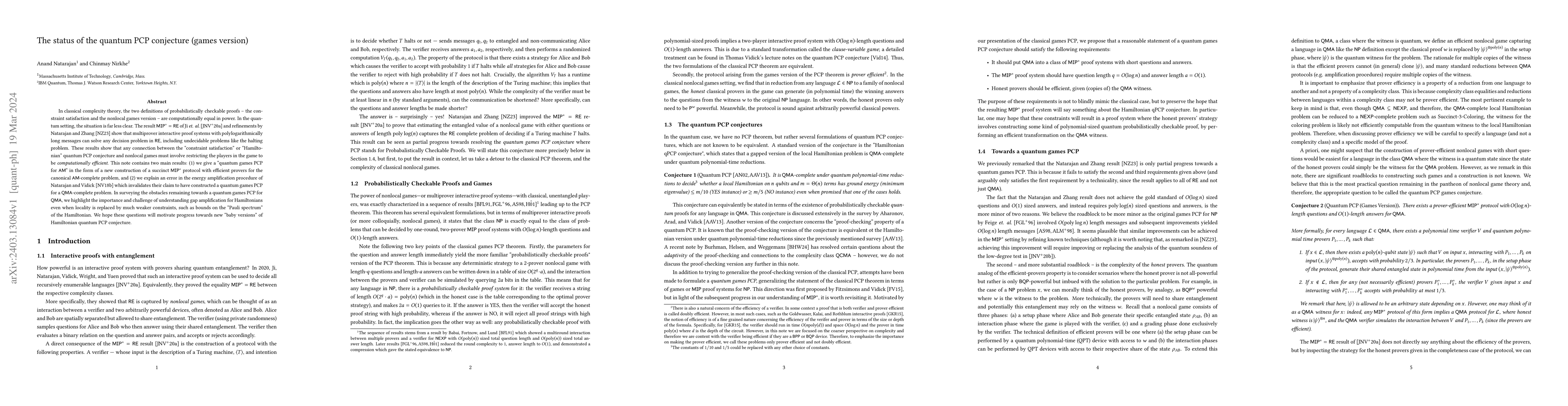 Thumbnail for The status of the quantum PCP conjecture (games version)
