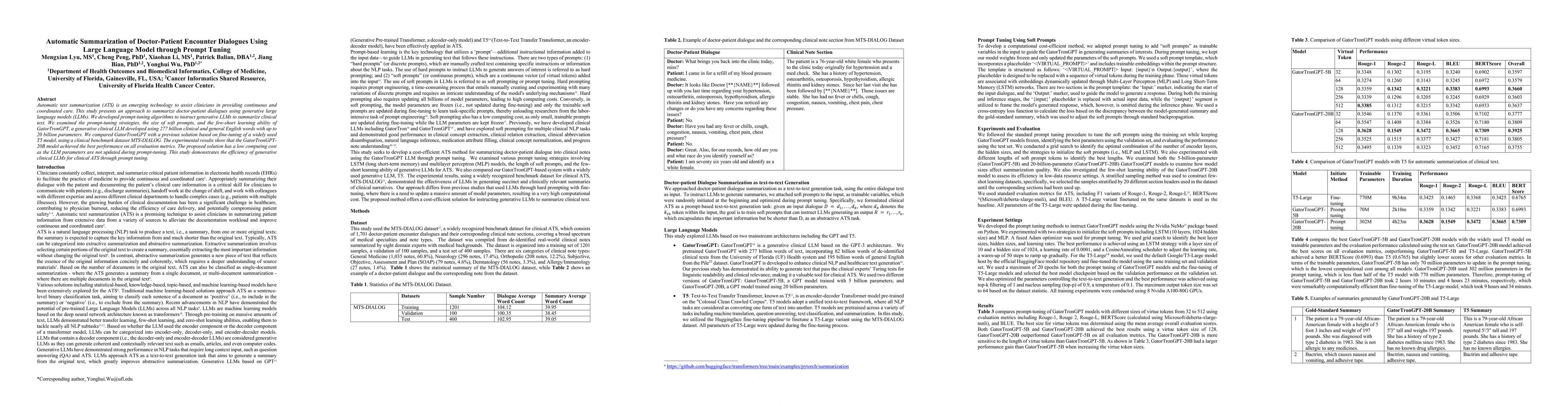 Thumbnail for Automatic Summarization of Doctor-Patient Encounter Dialogues Using
  Large Language Model through Prompt Tuning