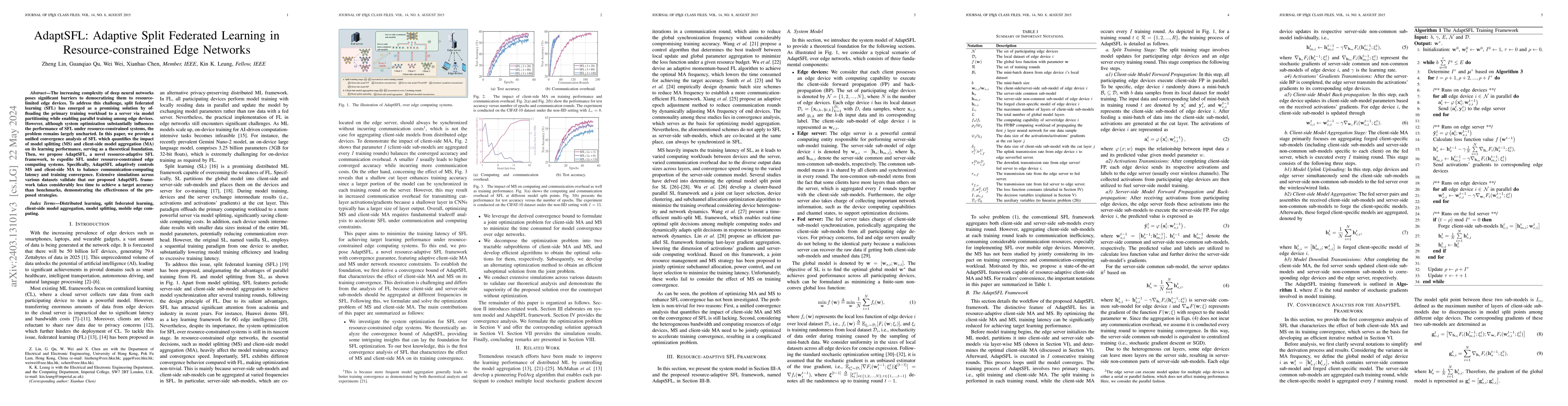 Thumbnail for AdaptSFL: Adaptive Split Federated Learning in Resource-constrained Edge
  Networks
