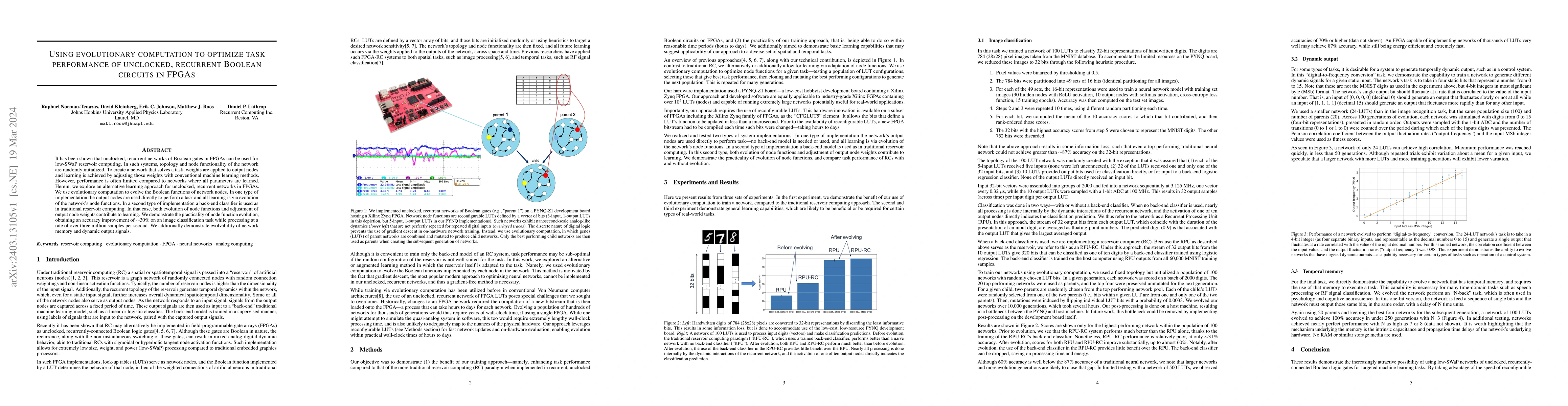 Thumbnail for Using evolutionary computation to optimize task performance of
  unclocked, recurrent Boolean circuits in FPGAs
