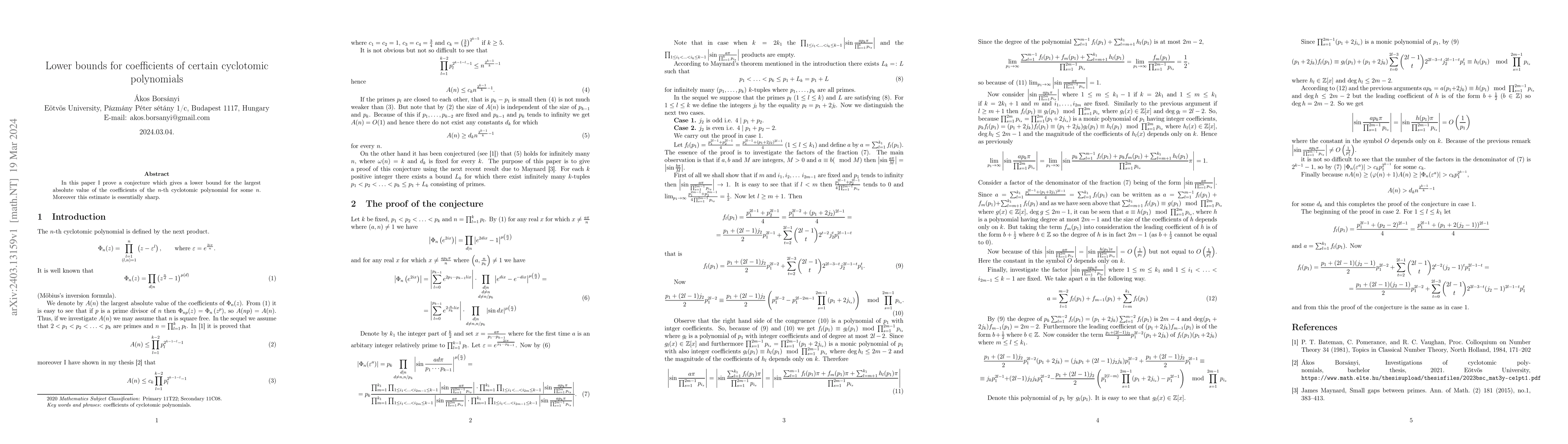 Thumbnail for Lower bounds for coefficients of certain cyclotomic polynomials