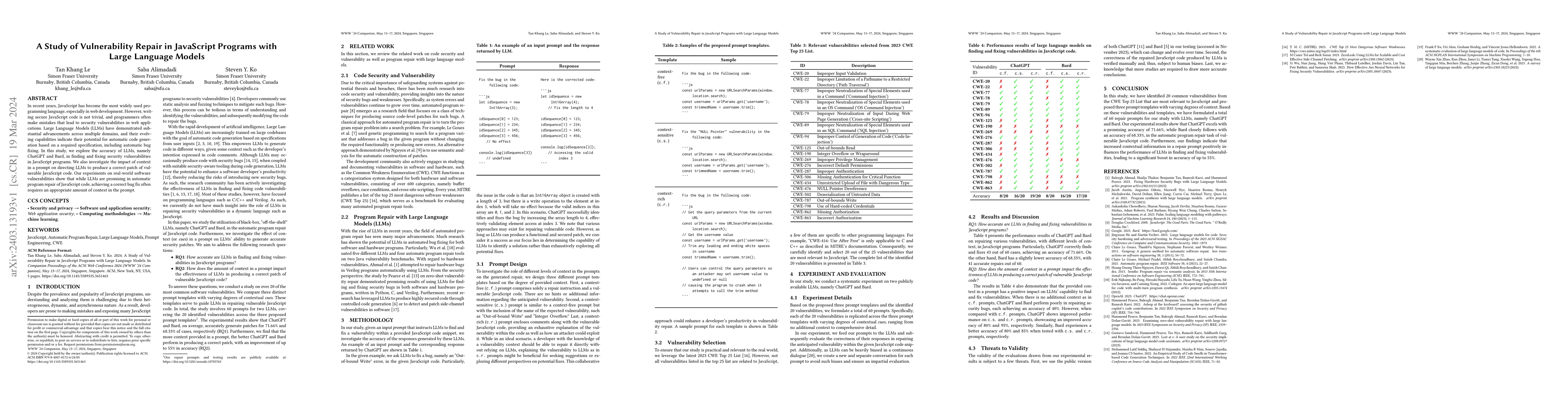 Thumbnail for A Study of Vulnerability Repair in JavaScript Programs with Large
  Language Models