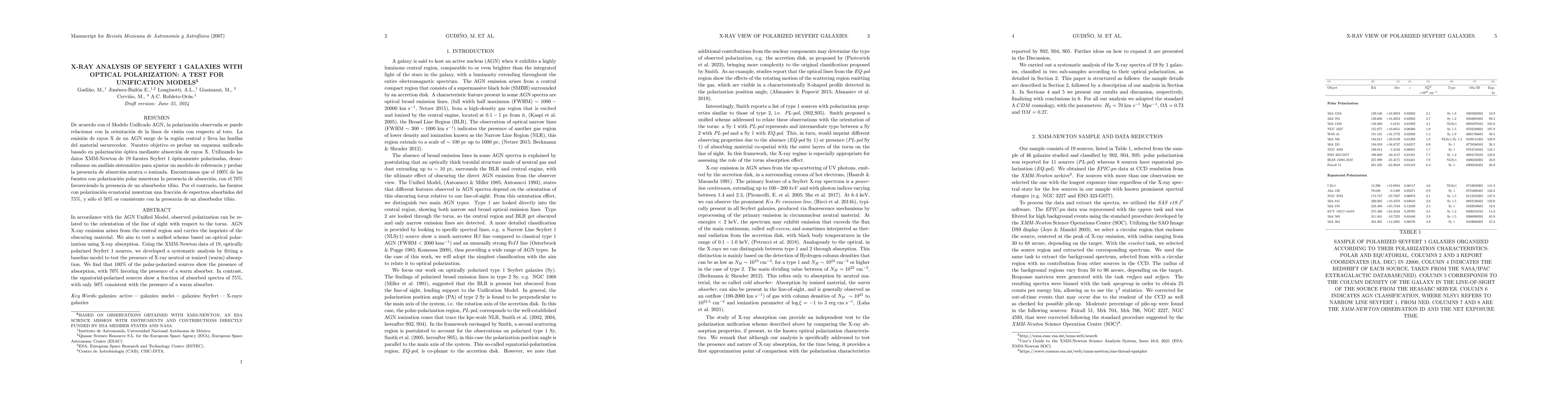 Thumbnail for X-ray analysis of Seyfert 1 galaxies with optical polarization: a test
  for unification models