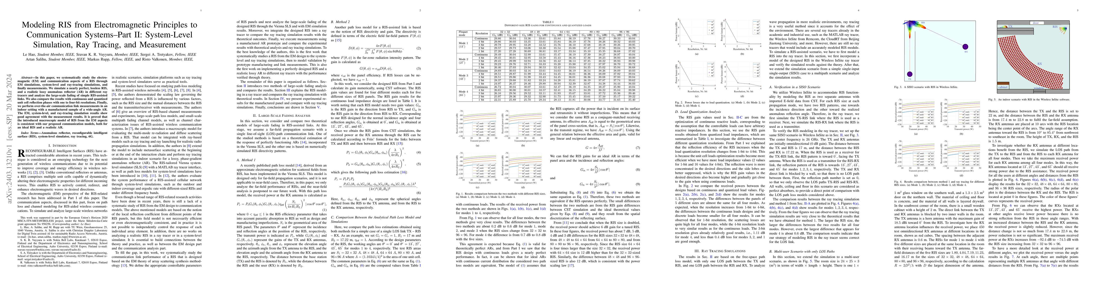 Thumbnail for Modeling RIS from Electromagnetic Principles to Communication
  Systems--Part II: System-Level Simulation, Ray Tracing, and Measurement