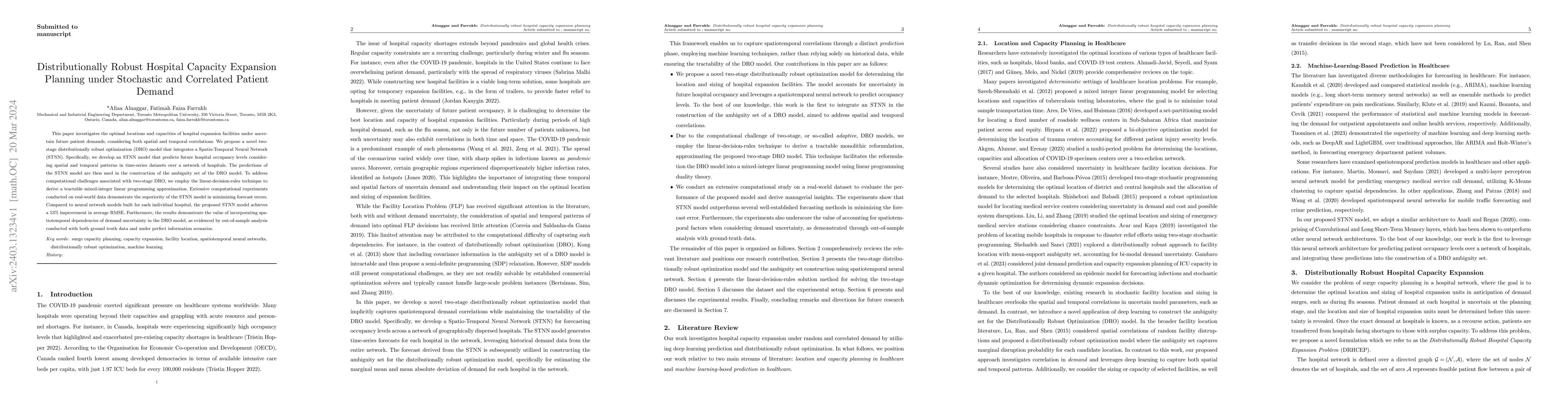 Thumbnail for Distributionally Robust Hospital Capacity Expansion Planning under
  Stochastic and Correlated Patient Demand