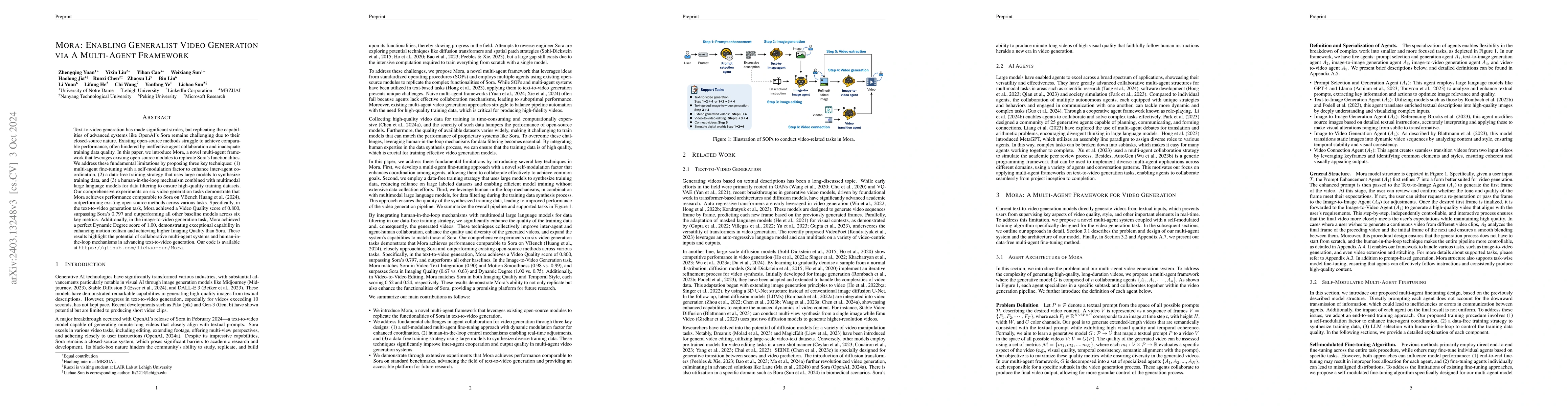 Thumbnail for Mora: Enabling Generalist Video Generation via A Multi-Agent Framework